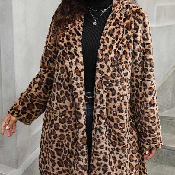 Brown Casual Women's Plus Size Leopard Print Fleece Jacket - Picture 5 of 5